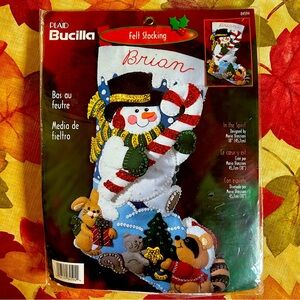 NIP Bucilla Felt Stocking 84594 Snowman Candy Cane Forest Animals Sequins Plaid